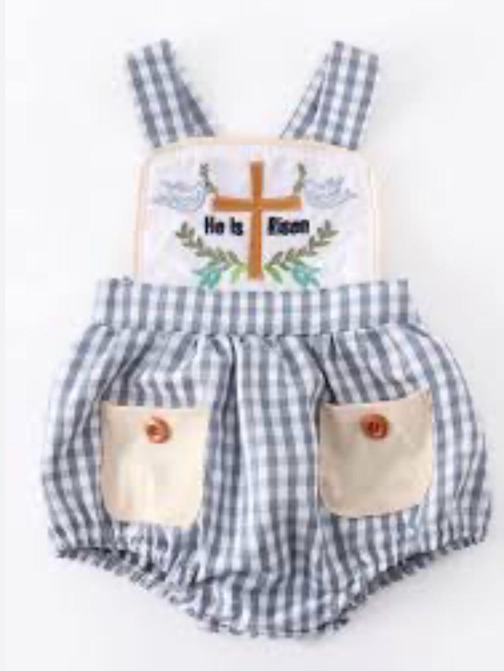 Honeybean Kids Gingham He is Risen bubble romper size 12 months
